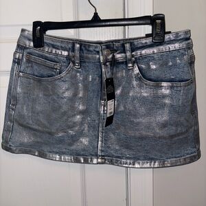 Fashion Nova Denim Metallic Silver Mini Skirt
